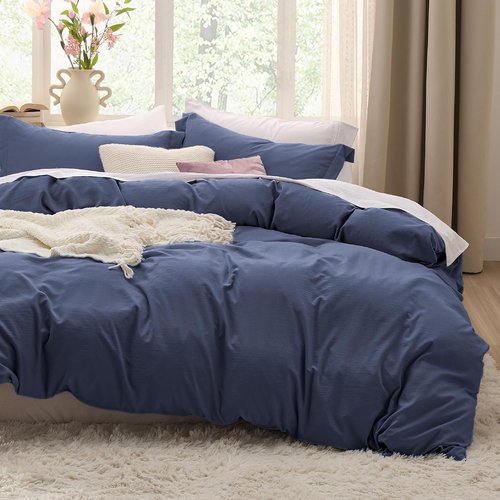 Bedsure Navy Blue Duvet Cover Set - Soft Prewashed Cotton-Like Polyester Twin/Twin XL, 2 Pieces with Zipper Closure