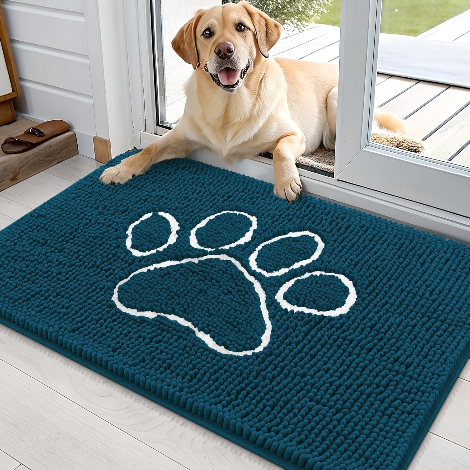OLANLY Dog Door Mat - Absorbent Non-Slip Muddy Paws Doormat | Quick Dry Chenille, 35x24, Atlantic Blue