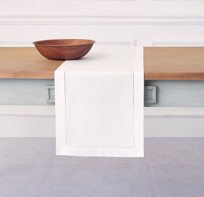 Solino Home White Table Runner 36 Inches - Cotton Linen Hemstitch Coffee Table Runner 14 x 36 Inch Ideal for Dresser Tables - Mothers Day, Spring, Summer, Memorial Day