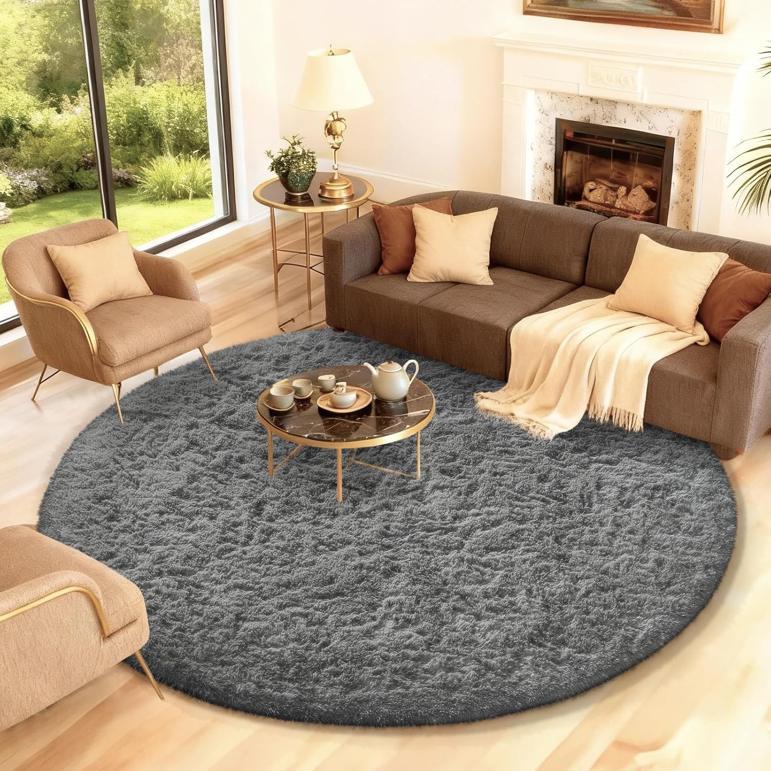 Ophanie Round Rug - 7Ft Grey Circle Area Rug | Plush Shag Carpet for Living Room & Nursery Decor