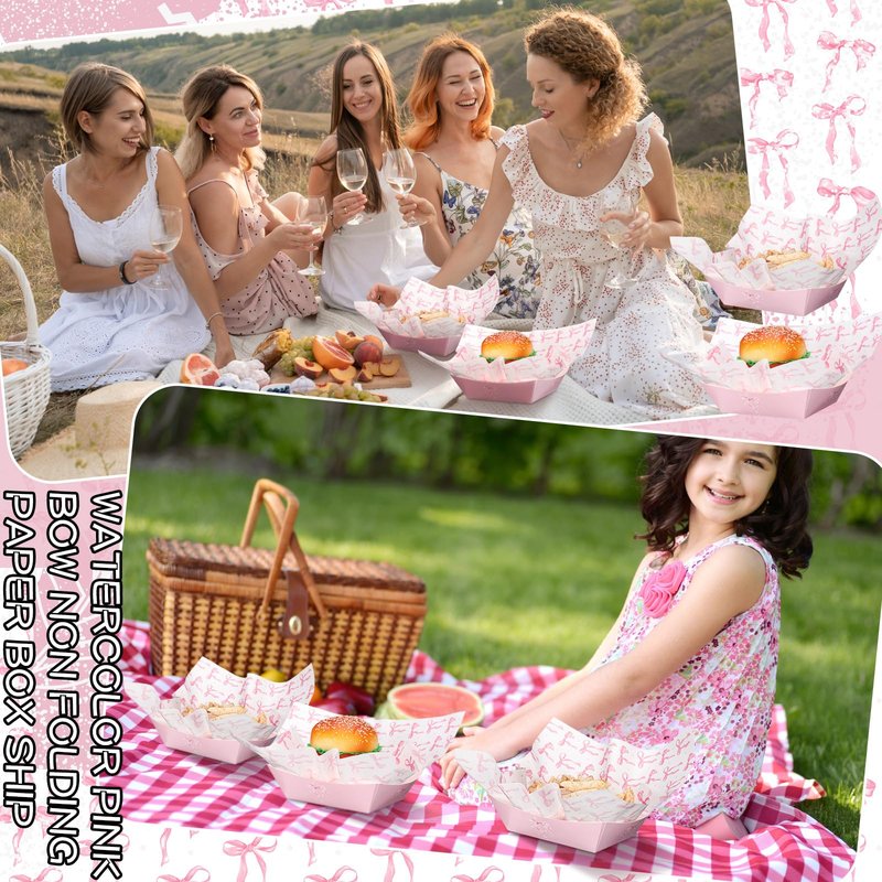 Geosar 100 Pcs Coquette Bow Paper Food Trays Bulk Bow Party Supplies Birthday Decor Disposable Food Boat Trays with Wax Paper Sheet Wrapping for Wedding Bridal Party Supplies(Pink)