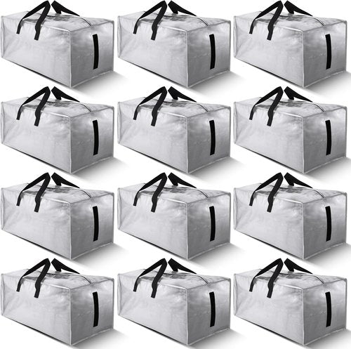 Homesure Large Moving Bags - 12 Pack Water-Resistant Storage Totes with Zippers & Handles | Heavy Duty, Space-Saving Design (Silver)
