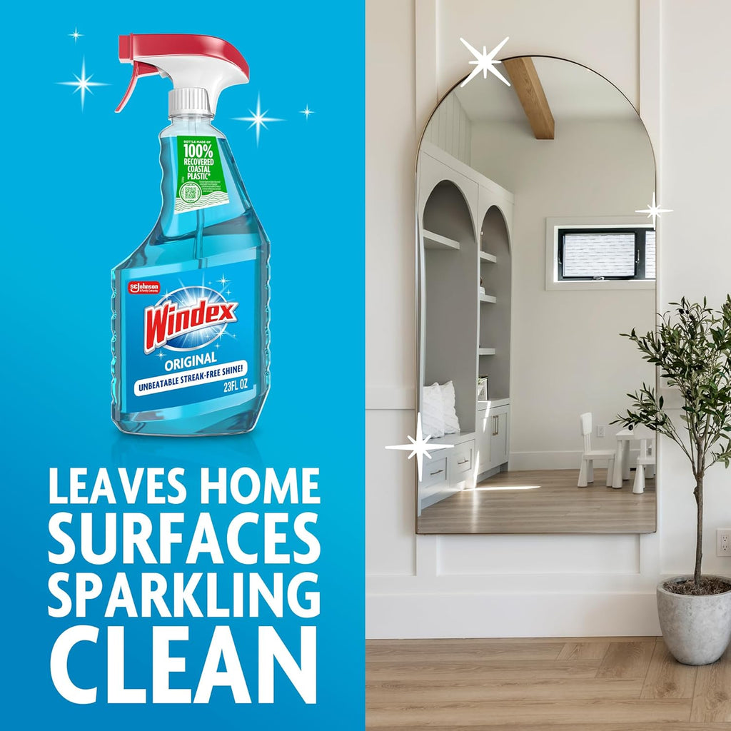Windex Glass Cleaner Spray - Original Blue Scent | Prevents Leakage & Breakage | 23 Fl Oz (Pack of 2)