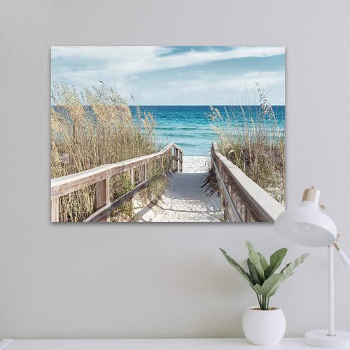 Beach Seascape Canvas Wall Art - Coastal Picture Artwork with Wooden Fence and Weeds Pathway to Ocean for Bedroom Wall Decor（24 x 18)