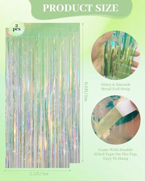 Iridescent Green Party Streamers Backdrop - Neon Holographic Tinsel Foil Fringe Curtain | 2 Pack, 3.31 x 6.6 ft