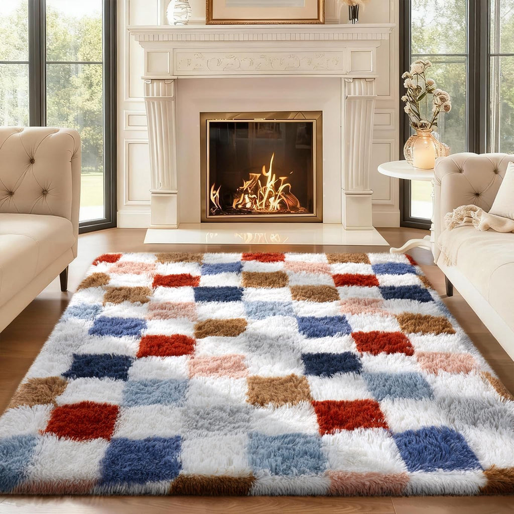 Ophanie Checkered Rainbow Rug - Colorful Fluffy Area Rug for Living Room & Bedroom | 4x6 Shag Plush Carpet