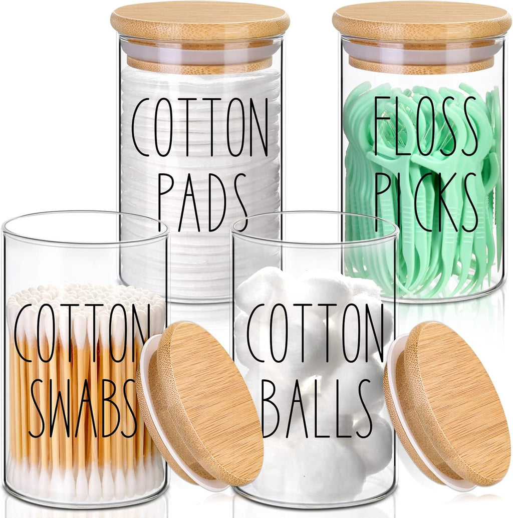 ROADPLUM Qtip Holder Bathroom Set - 4 Pack Glass Jars with Lids for Cotton Balls & Makeup Storage
