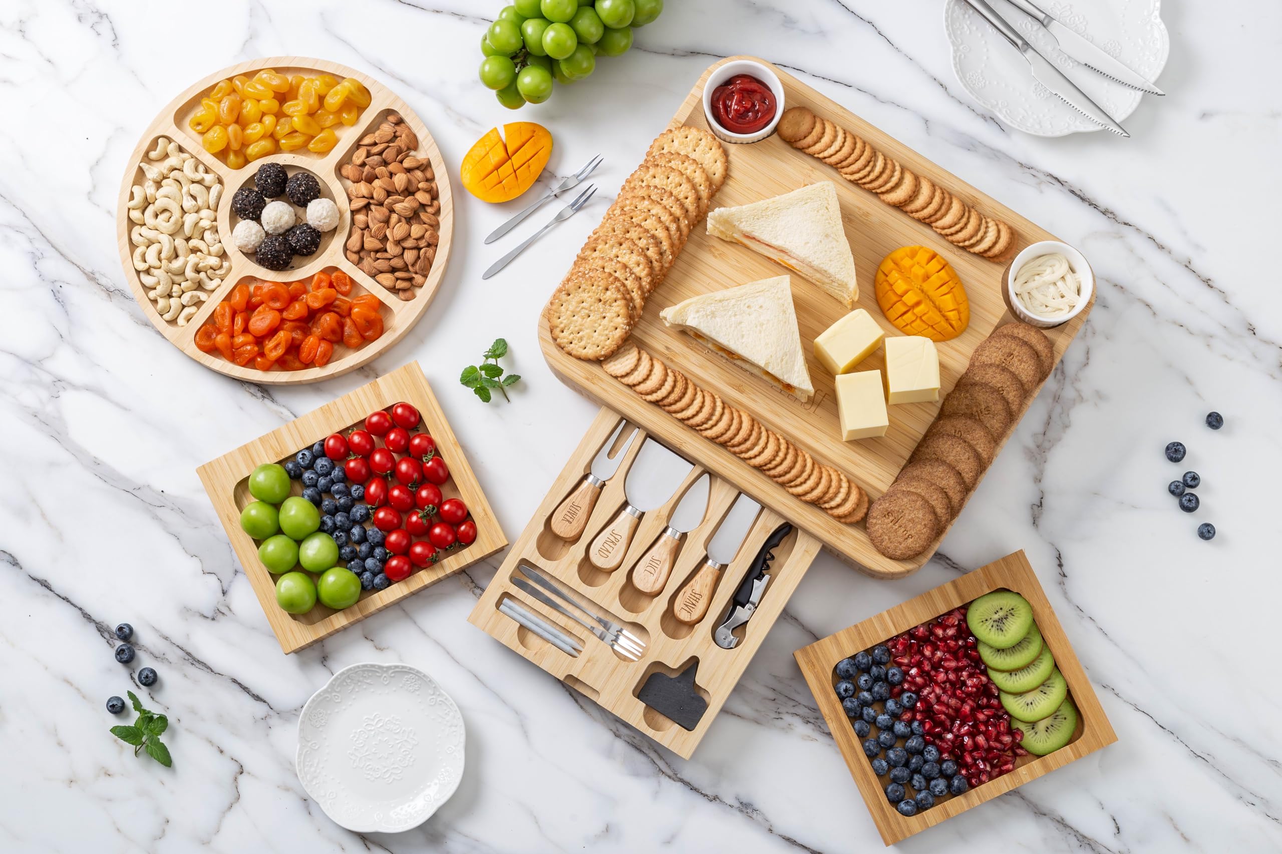 Rae Dunn Large Bamboo Charcuterie Board Set with Serving Forks and Platters