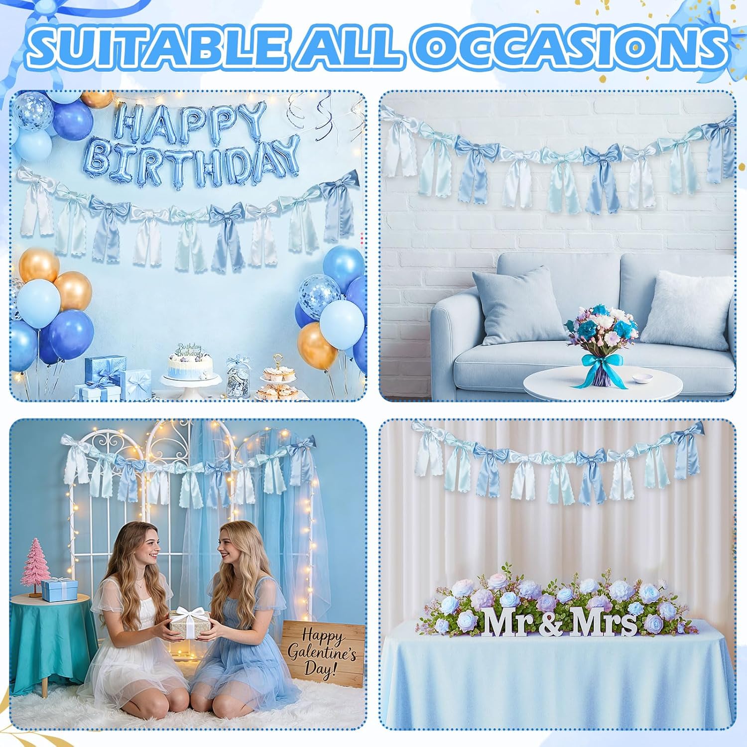 VitalCozy Blue Bow Garland - Pre-Strung Satin Ribbon Decor for Bridal Showers & Parties