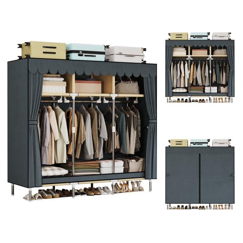 AOSENKO Portable Wardrobe Closet, 16mm Steel Frame Clothes Rack with Non-Woven Fabric Cover, Freestanding Closet Organizer with 3 Hanging Rods & 6 Shelves, Grey Fabric for Bedroom