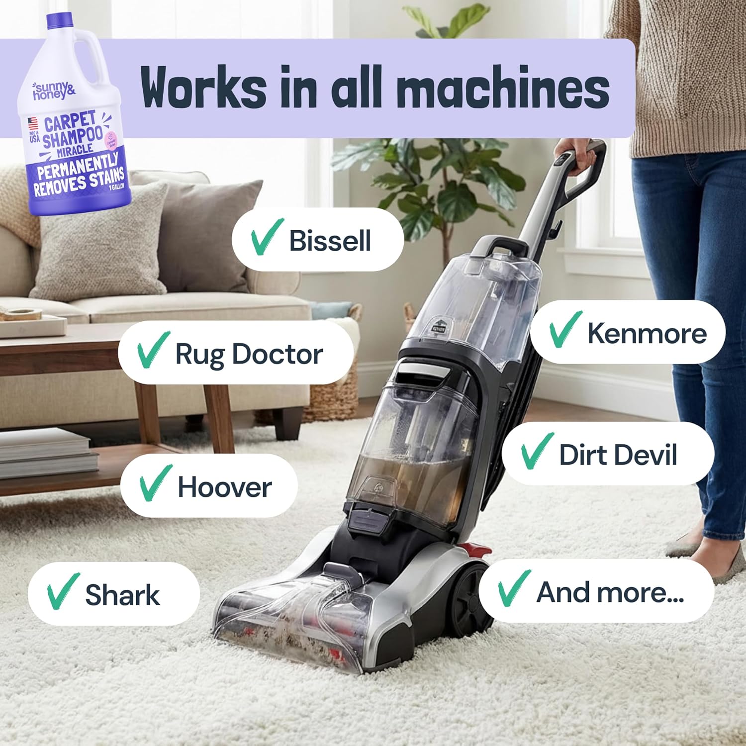 Sunny & Honey Carpet Cleaner Shampoo - Pet Stain Remover & Odor Eliminator | 128 fl oz Light Lavender Scent