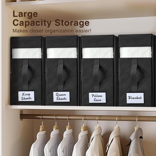 Homsorout Bed Sheet Organizers - Foldable Linen Storage with Window & Labels | XL Black 6-Pack for Bedding