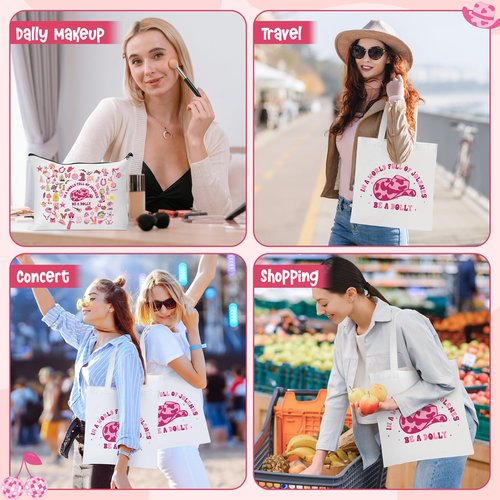 CZgfva 2Pcs Western Pink Cowgirl Hat Canvas Makeup Tote Bag Set, Inspired Country Music Cosmetic Pouch, Foldable Reusable Grocery Folding Shopping Hand Bag Country Music Lovers Fans Gifts for Women