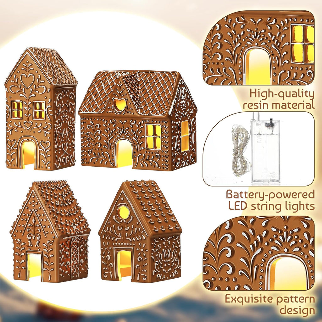 Thyle Christmas Lighted Gingerbread House Figurine - 4 Pcs Resin Village Decor with LED Lights