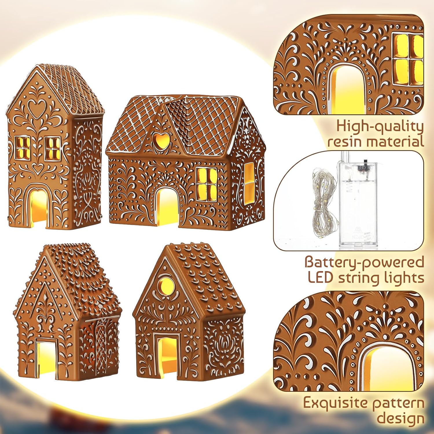 Thyle Christmas Lighted Gingerbread House Figurine - 4 Pcs Resin Village Decor with LED Lights