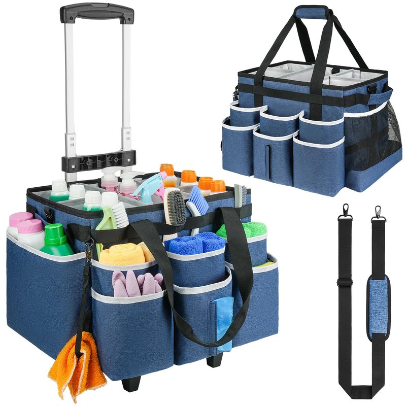 ZIOZERTT Large Rolling Cleaning Caddy Bag with Detachable Trolley,Cleaning Cart on Wheels with Shoulder Strap,Cleaning Supplies Organizer for Housekeepers,Blue