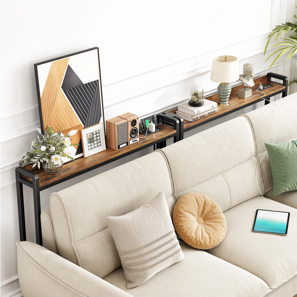 Kitstorack Narrow Entryway Console Table with Elevated Rear Fence & Power Outlets, Skinny Behind Couch Table, 39.4" Long x 5.9" Wide x 33.3" High, Thin Small Sofa Side Table for Living Room, Brown