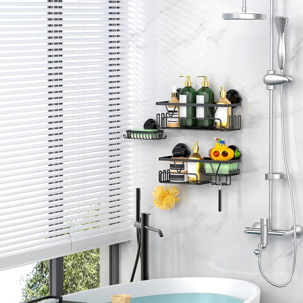 ZUNTO Shower Caddy - 3-Piece Suction Cup Organizer Set with Soap Holder & Hooks | No-Drill Bathroom Shelves