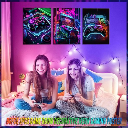BGFCE Game Room Decor - Set of 3 Neon Gaming Canvas Posters | 12x16 Inch Unframed Art for Boys' Bedrooms