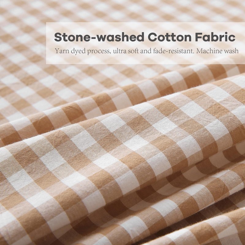 K MASANIJI Taupe White Plaid Ruffle Sheets Queen Size 4-Piece Set, 300TC 100% Yarn Dyed Washed Cotton Checker Sheets 18'' Deep Pocket Farmhouse Gingham Decorative Bedding（Taupe/White Plaid, Queen）