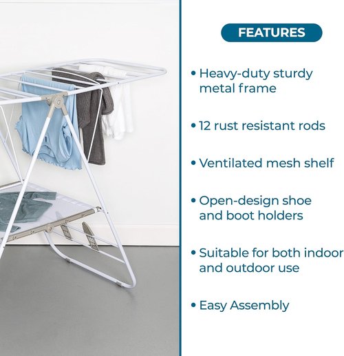 Honey-Can-Do Heavy-Duty Foldable Laundry Drying Rack - Portable Indoor/Outdoor Clothes & Shoes Rack, 50lb Capacity, Space-Saving Design, White
