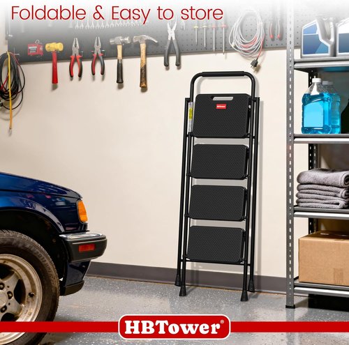 HBTower Step Ladder - Foldable 4-Step Stool with Wide Anti-Slip Pedals | Lightweight Design for Home Use