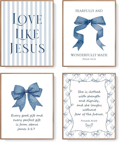 LARTSFRO Coquette Wall Art - Navy Blue Bow Decor with Inspirational Bible Verses | Set of 4 Unframed 10x8 Inch Pictures for Teen Girls' Rooms
