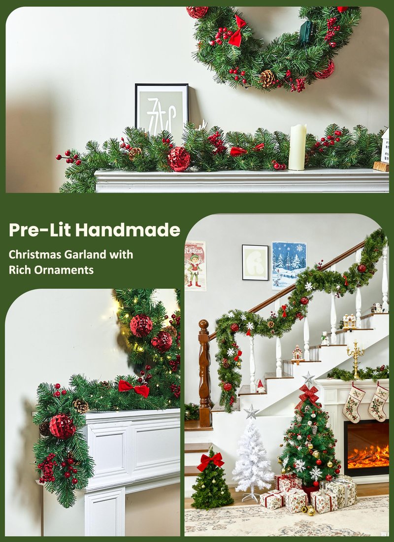 Brightown 9FT Christmas Garland with Lights, Battery Operated Prelit Garland with Pinecones, Berries, Bows, Ornaments, 100 LED White Lights, 8 Modes, Timer, for Mantle, Stairs, Fireplace, Door, Fence