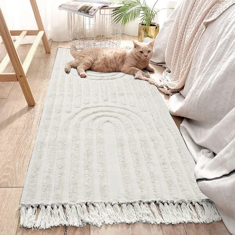 LEEVAN Boho Runner Rug 2'x6' Washable Rug Runners for Hallway Khaki, Durable Kitchen Rugs Tufted Cotton Bedroom Floor Carpet with Tassels Handmade Farmhouse Accent Rug Bohemian Living Room Rugs