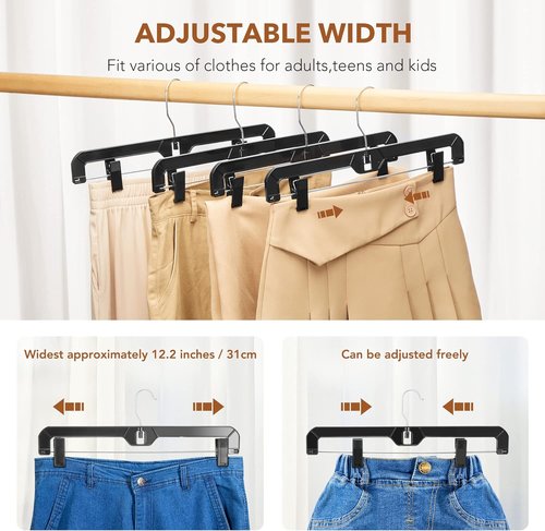 HOUSE DAY Black Pants Hangers - 12 Pack Plastic Clip Hangers for Skirts, Jeans & Shorts | 14-Inch with 360-Degree Swivel Hook