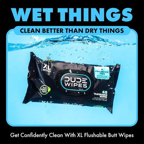 DUDE Wipes | Unscented Extra-Large Flushable Wipes for Sensitive Skin - 6 Pack (288 Count) - Infused with Vitamin E & Aloe