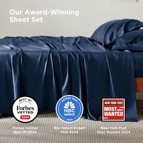 Bedsure Queen Sheet Set - Cooling Rayon from Bamboo | Breathable & Soft, Deep Pocket Up to 16" - Navy
