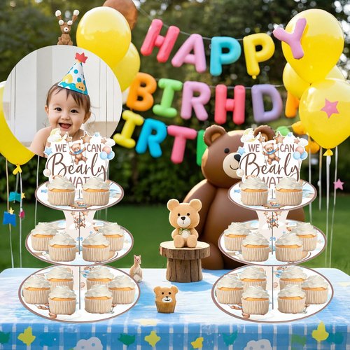 Keluna Bear Baby Shower Decoration - 2 Pcs 3 Tier We Bearly Cupcake Stand for First Birthday Party Supplies, Bearly Wait Bear Dessert Stands Favors Decorations Cupcake Holder