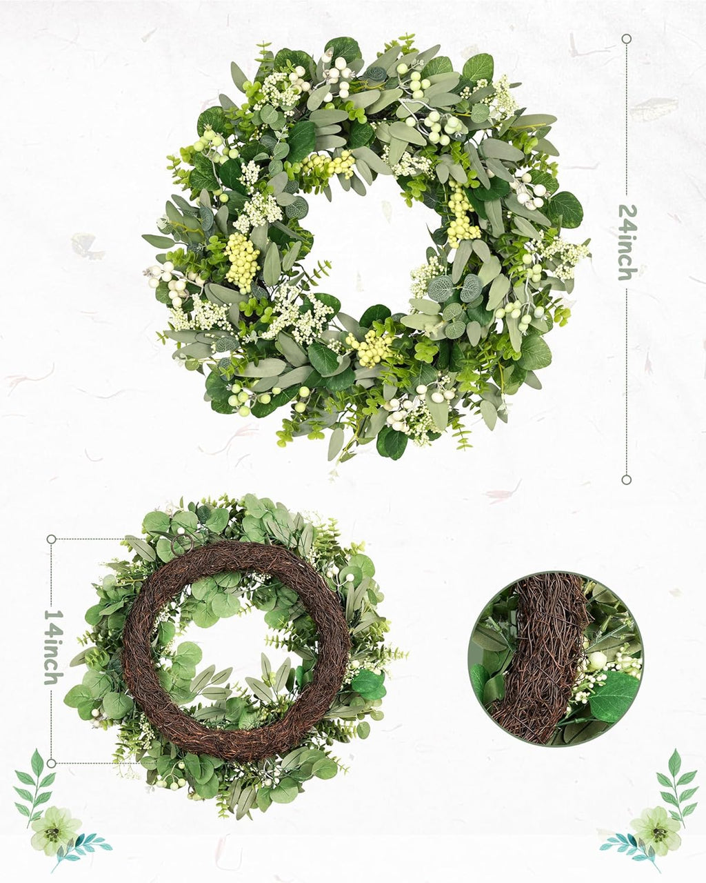 Vlorart Green Eucalyptus Leaf Wreath - 24-26 Inch Artificial Spring & Summer Decor for Front Door | Year-Round Farmhouse Style