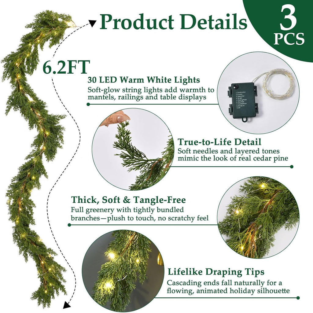 Skiennix Christmas Garland - Lush 6.2FT Real Touch Cedar with Lights | Perfect for Indoor/Outdoor Decor