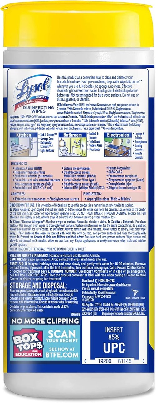 Lysol Disinfectant Wipes - Multi-Surface Antibacterial Cleaning - Lemon & Lime Blossom, 105 Count (3 Packs)