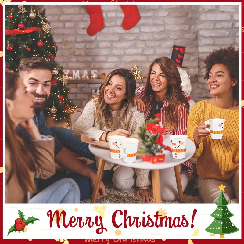 Zhehao 120 Pcs 9 oz Christmas Espresso Paper Cups with Handles Christmas Cups Disposable Tea Cups Disposable Coffee Mugs for Kids Adults Beverage Holiday Xmas Party Supplies (Snowman)
