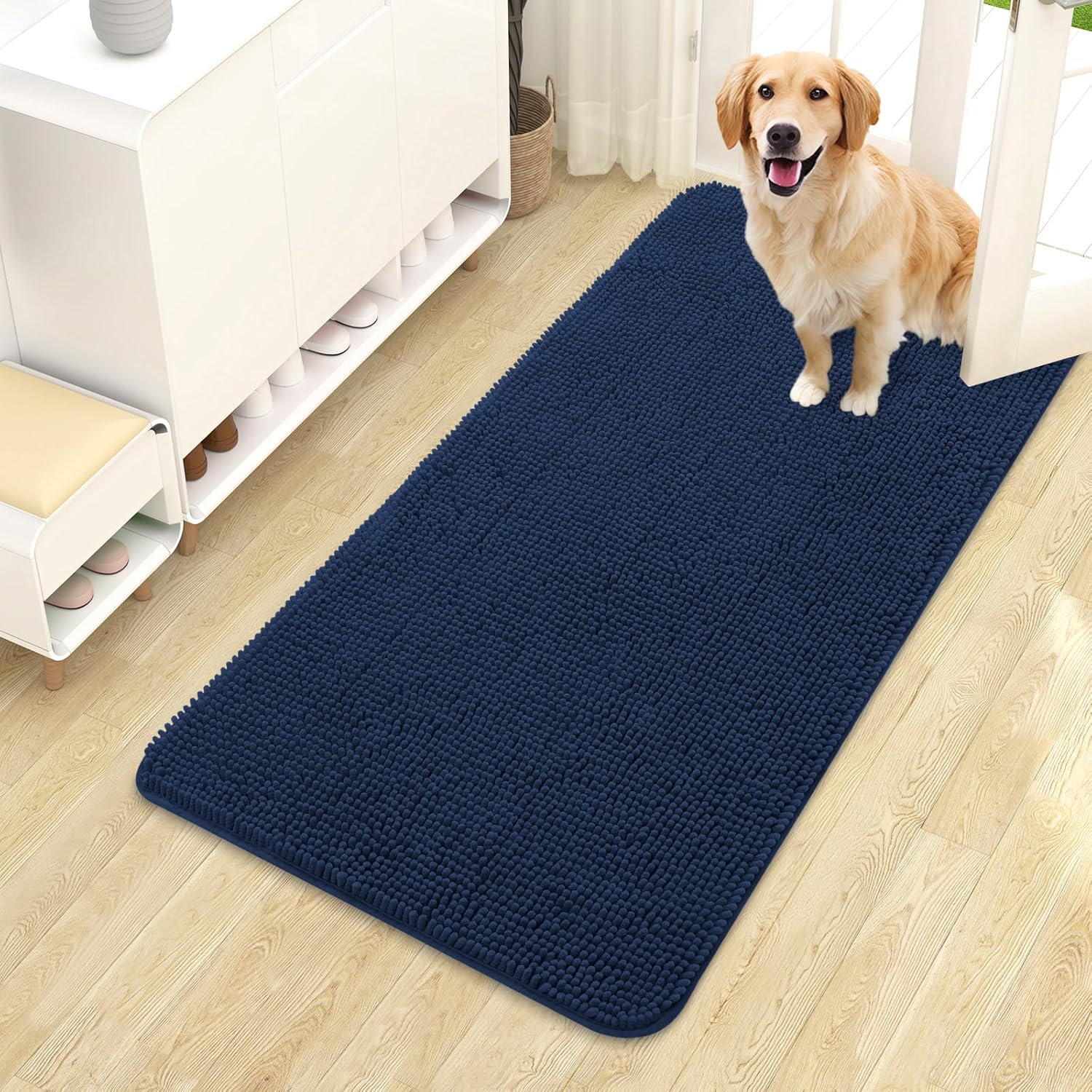 OLANLY Dog Door Mat - Absorbent Non-Slip Chenille Mat for Muddy Paws | 44x24 Dark Blue, Quick Dry
