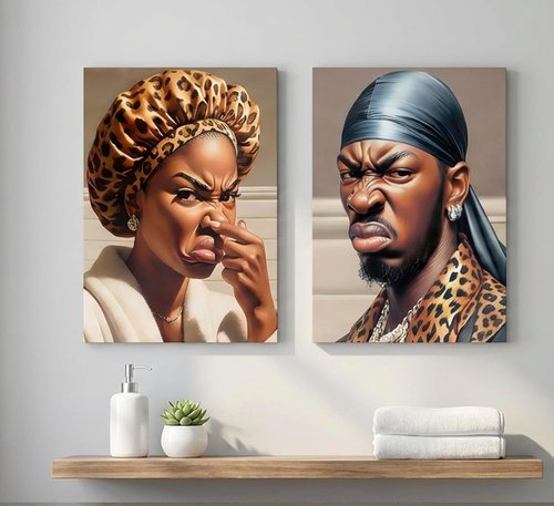 Funny Stank Face Bathroom Wall Art - 2Pcs African American Canvas Decor | Humorous WC Smell Paintings