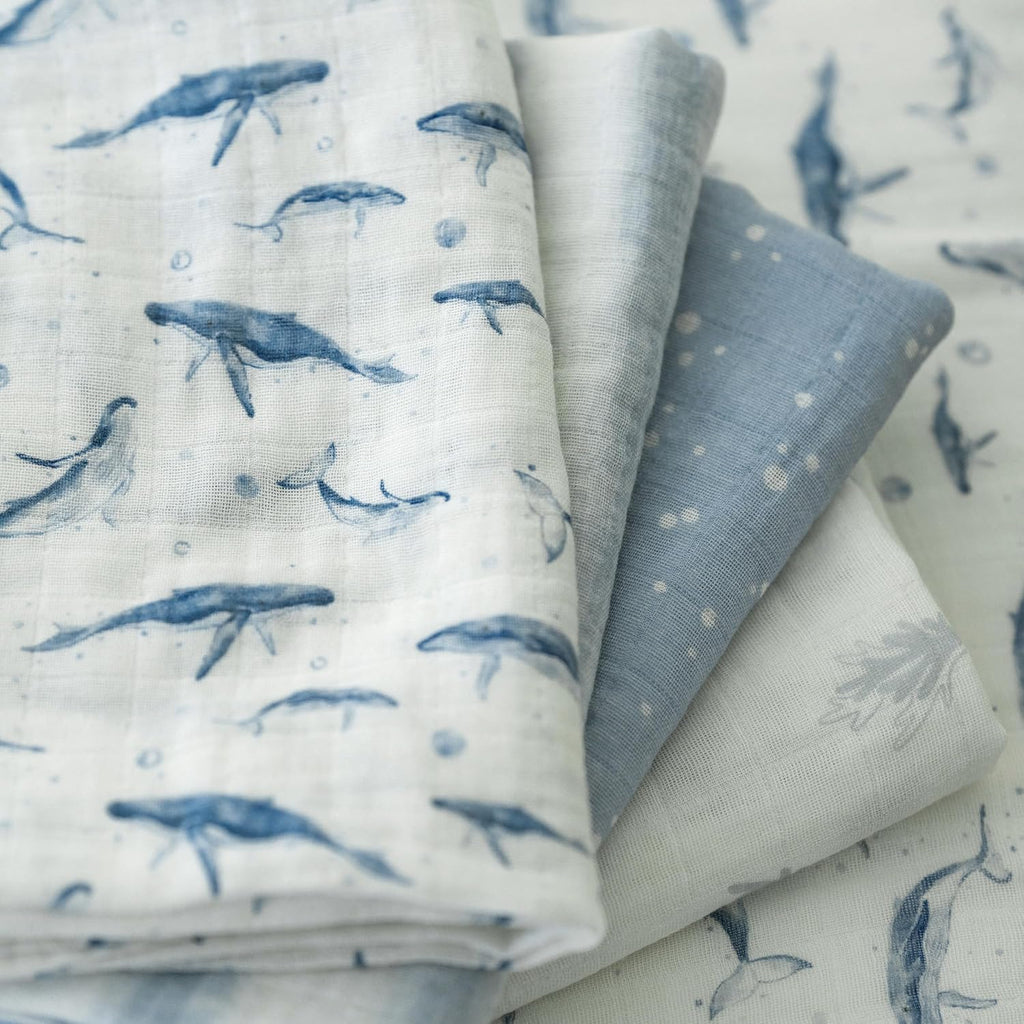 Skiennix Muslin Swaddle Blankets - 4 Pack Cotton Baby Blankets for Boys | Large 31.5 x 43.3 Soft & Breathable Blue Whale Design