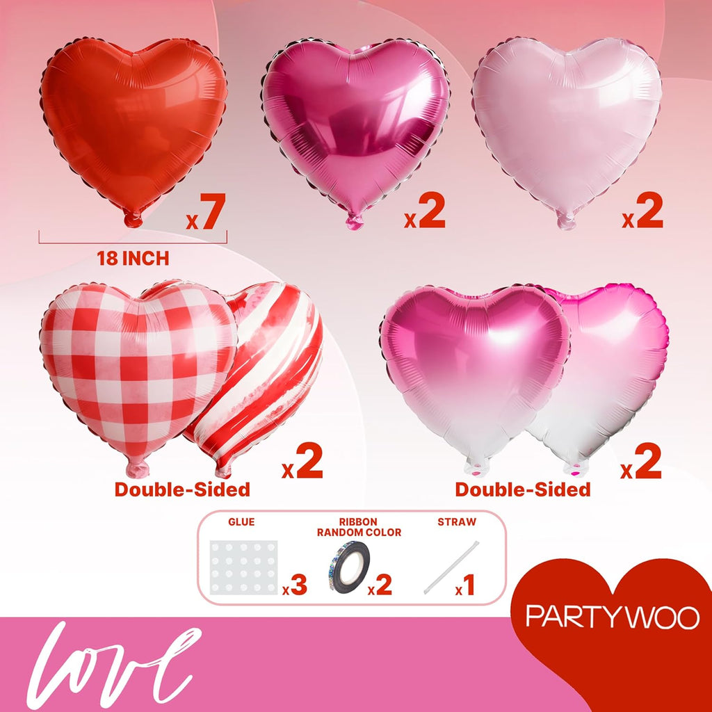 PartyWoo Valentine's Balloons - 15pcs 18-Inch Pink & Red Foil Heart Balloons for Romantic Celebrations