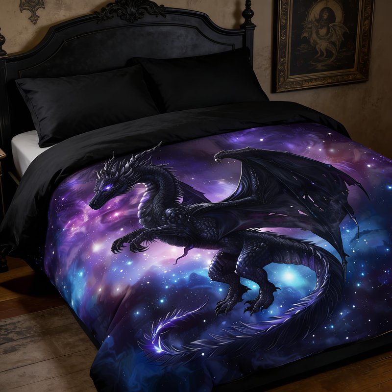 CCoutueChen Kids Dragon Bedding Set for Boys, Purple Blue Outer Space Comforter Set Twin Size, Fairy Tale Style Quilted Bed Set for Children Teens Room Decor/68 * 86