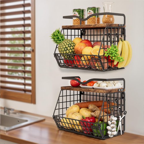 2 Pack Fruit Bowl Hanging Fruit Basket for Kitchen Counter,Stackable Wire Baskets for Onion Storage and Potato Storage with Wood Lid,Vegetable Fruit Basket with Banana Hooks
