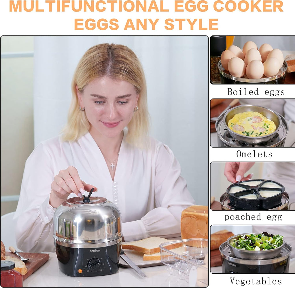 Oroton Electric Egg Cooker - 9 Egg Capacity for Hard Boiled, Poached & Scrambled Eggs | Stainless Steel, Auto Shut-Off