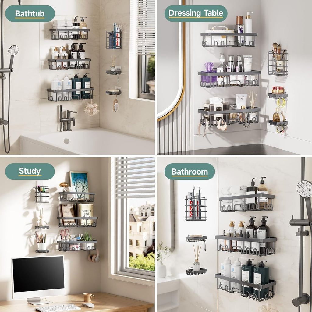 Veken Shower Caddy - Rustproof & Waterproof 6-Pack | No-Drill Adhesive Shelves, Large Capacity, Dark Grey