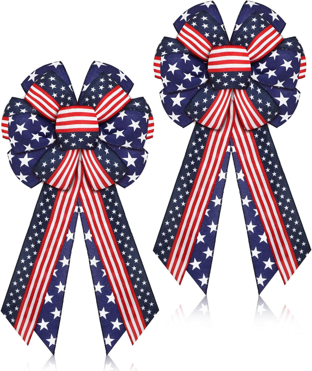 Riceshoot Patriotic Bows - 4th of July USA Red, White & Blue Star Burlap Tree Topper | 2 Pcs for Indoor/Outdoor Decor