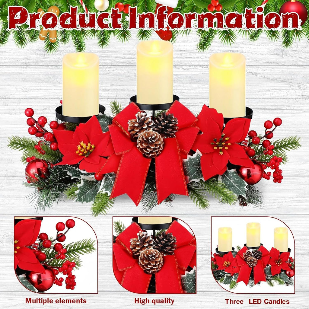 Regine Switzerland Christmas Centerpiece - 3 Candle Holders with LED Candles & String Lights | Poinsettia Red Buffalo Plaid Design