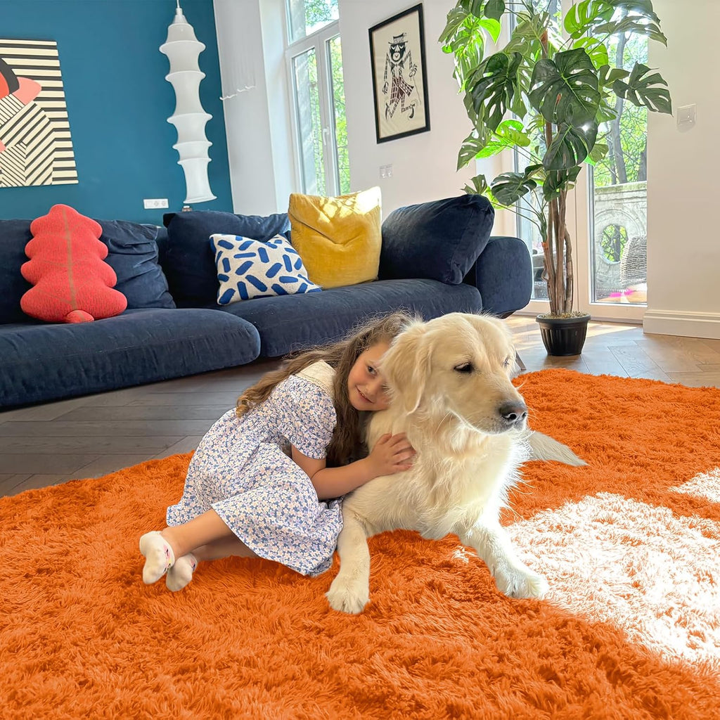 OLANLY Area Rug - Soft Fluffy Shaggy Design | Machine Washable 4x5.9 ft for Living Room & Bedroom - Orange