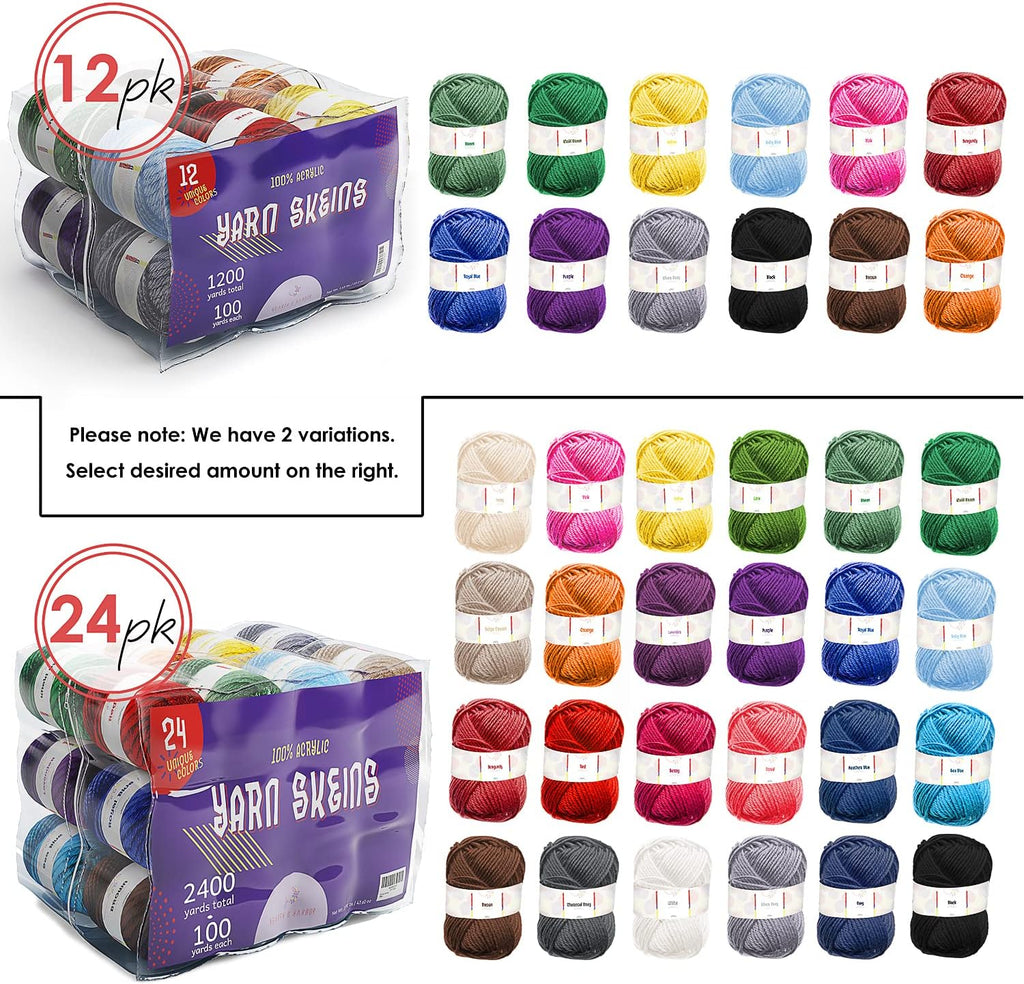 Skiennix Acrylic Yarn Skeins - Soft Multicolored Crochet Yarn for Knitting & Crafts | 24 Pack, 2400 Yards