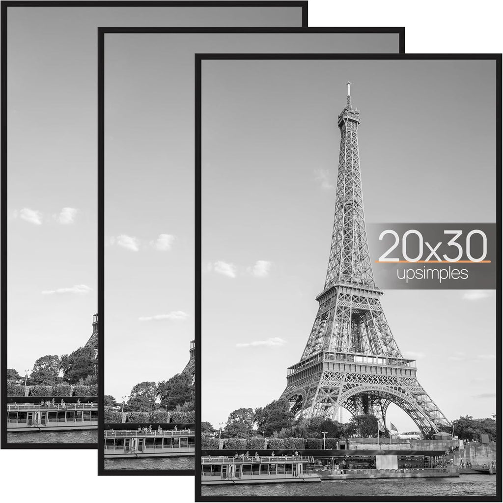 Upsimples 20x30 Picture Frame - Scratch-Proof Black Frames for Photo Gallery | 3 Pack, Horizontal/Vertical Mounting